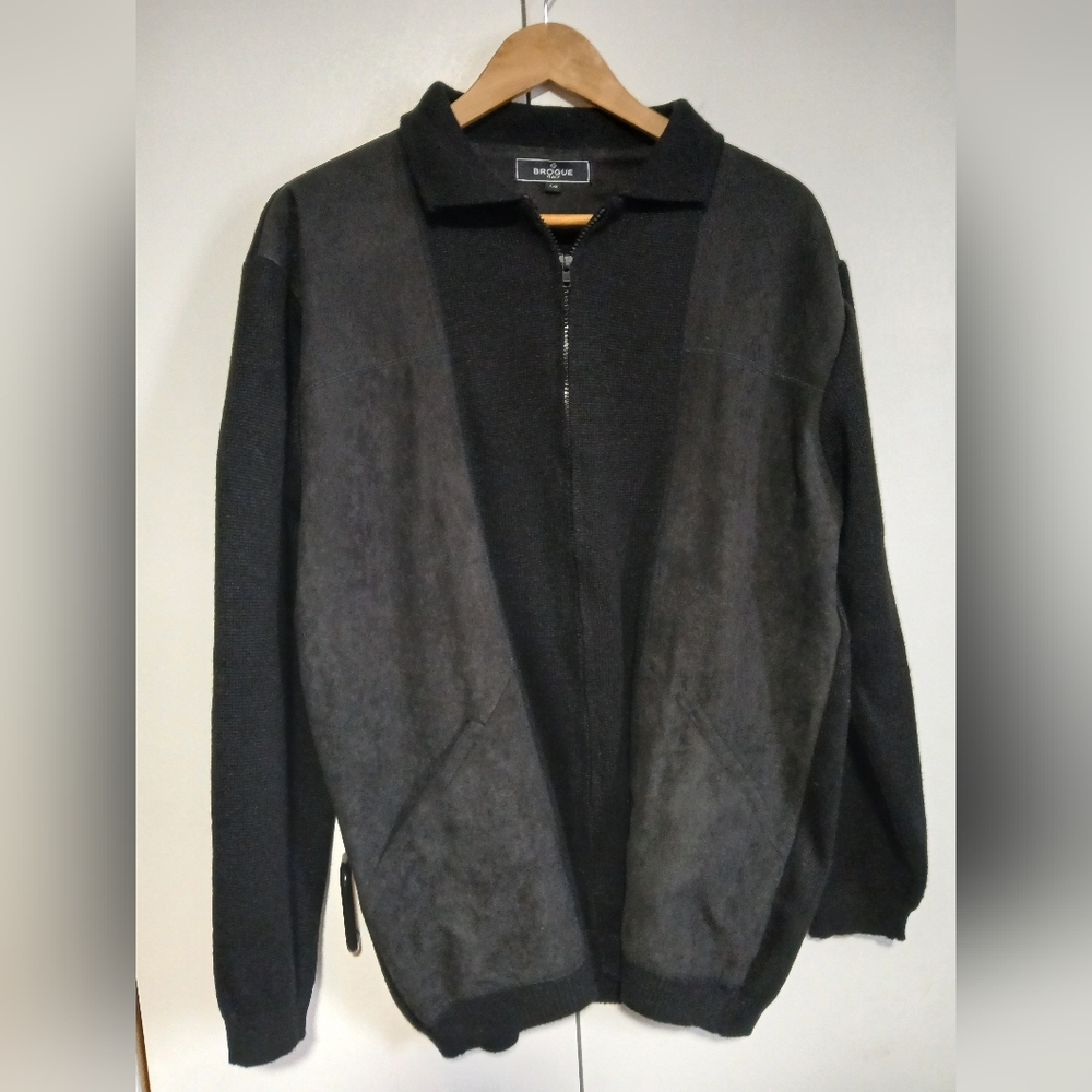 Brogue Italy Men’s Zip Cardigan Lg Acrylic Knit Microsuede Made in Italy